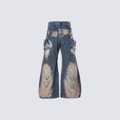 Bleached Damage Multi-Pocket Wide Leg Denim Jeans WN27797