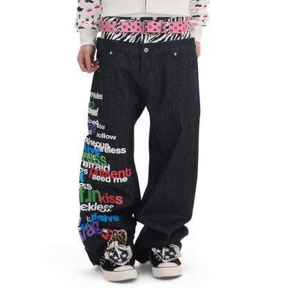 Double Waist Zebra Letter Print Wide Leg Denim Jeans WN27204