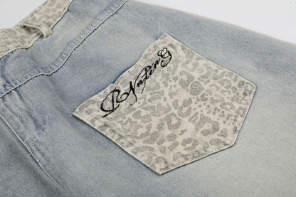 Leopard Print Curved Wide Leg Denim Jeans WN25702