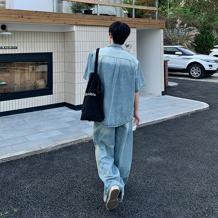 Washed Denim Short Sleeve Shirt Jacket & Wide Leg Denim Jeans Setup WN24955