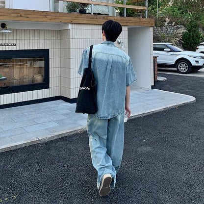 Washed Denim Short Sleeve Shirt Jacket & Wide Leg Denim Jeans Setup WN24955