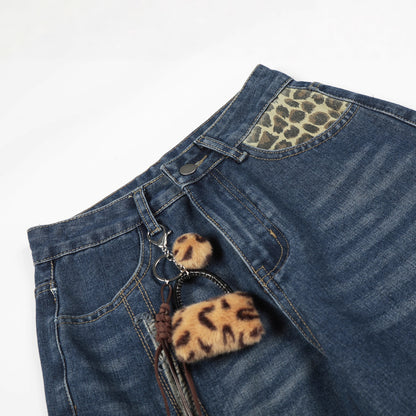 Leopard Print Cross Wide Leg Denim Jeans WN25579