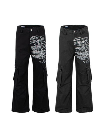 Letter Print Washed Wide Leg Cargo Denim Jeans WN27898