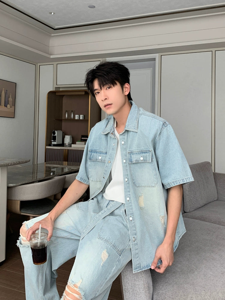 Damage Denim Short Sleeve Shirt & Denim Jeans Setup WN20423