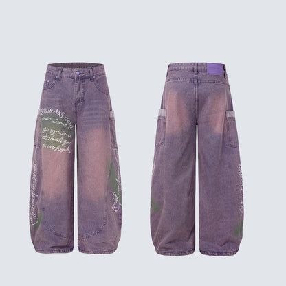 Washed Panel Wide Leg Letter Denim Jeans WN27951