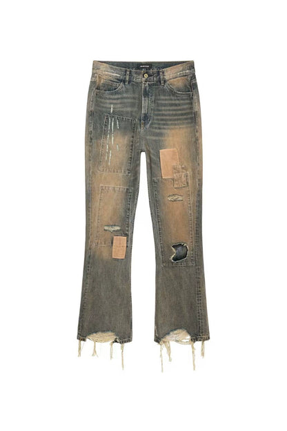 Mix Patchwork Damage Design Straight Denim Jeans WN19688