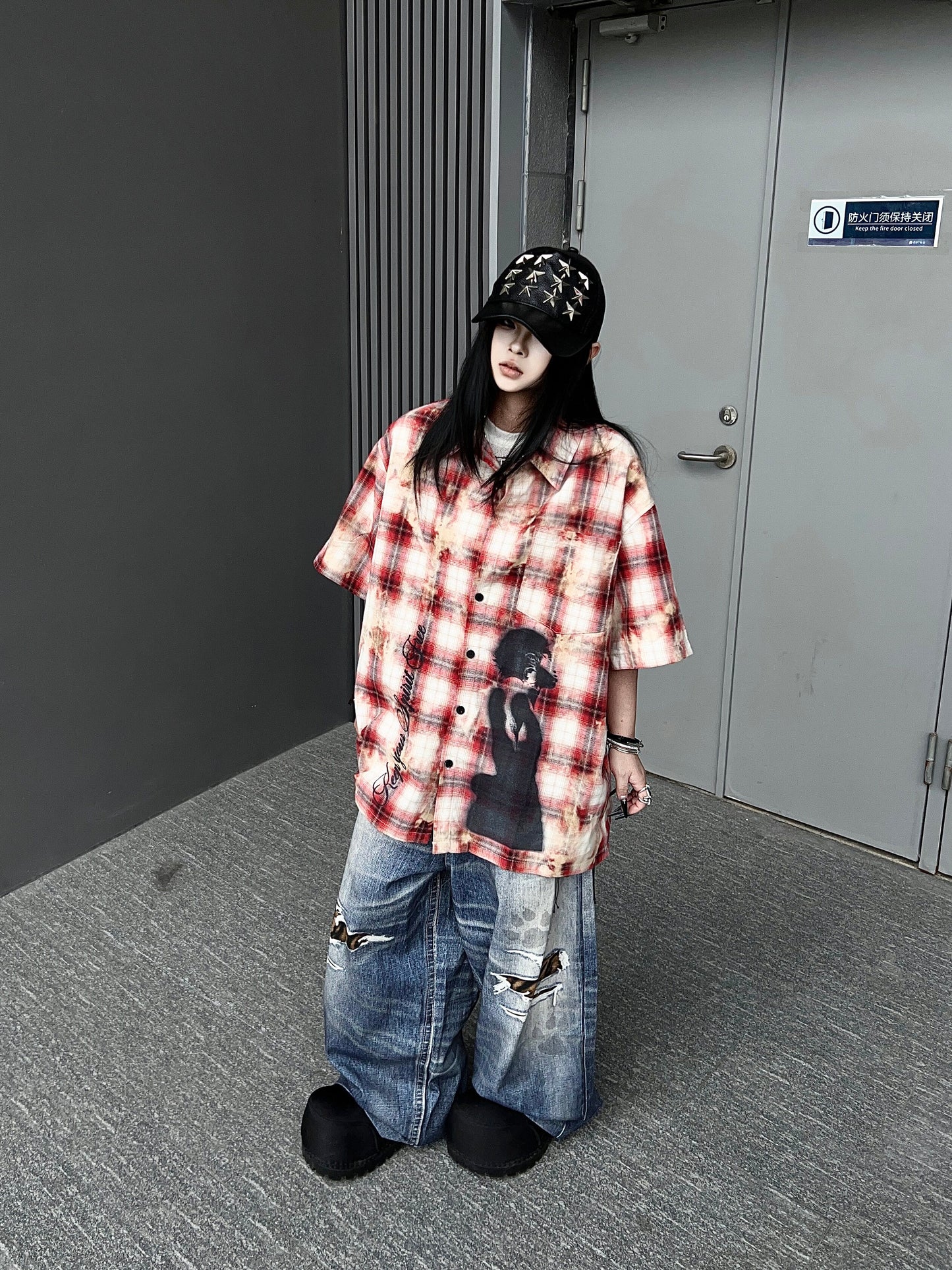 Plaid Damage Print Short Sleeve Shirt  WN24190