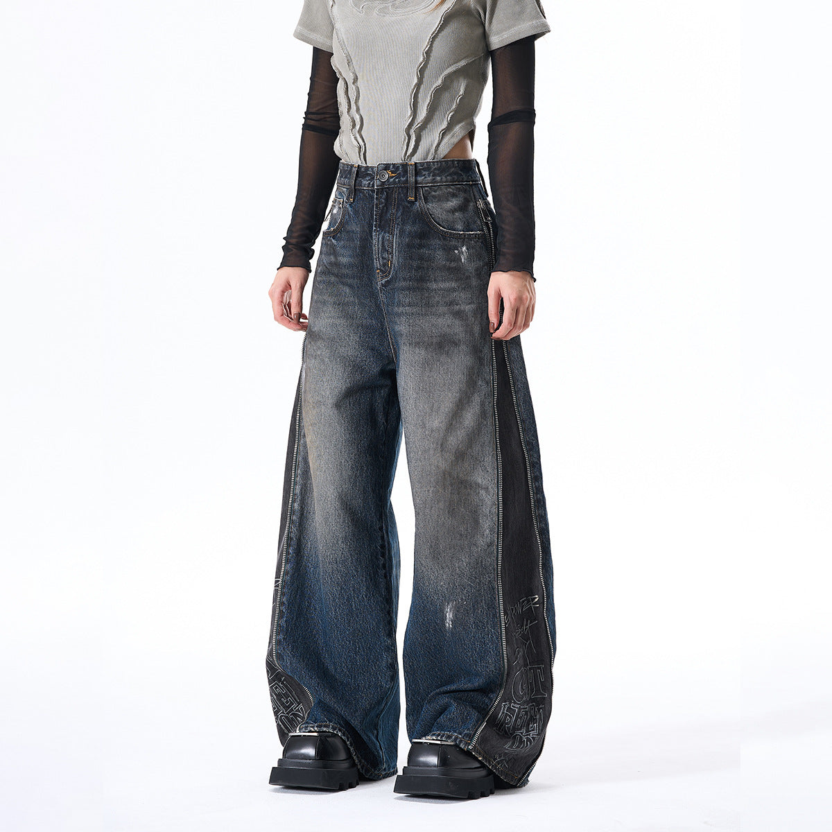 Panel Wash Wide Leg Denim Jeans WN23107