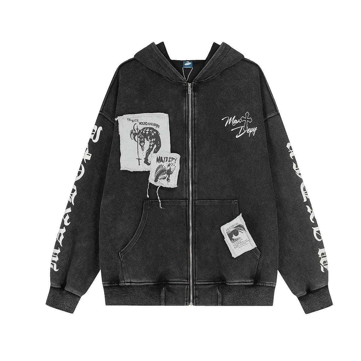 Mix Patch Graphic Washed Zipper Hoodie WN23598
