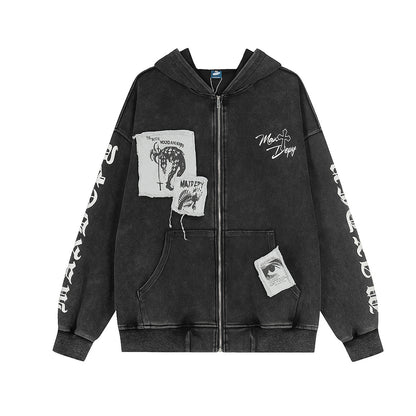 Mix Patch Graphic Washed Zipper Hoodie WN23598