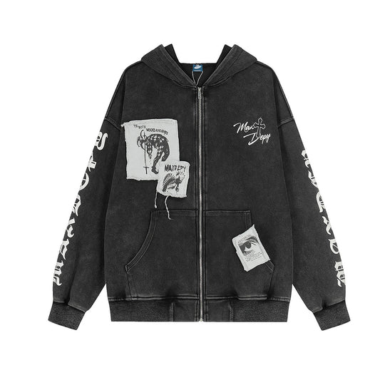 Mix Patch Graphic Washed Zipper Hoodie WN23598
