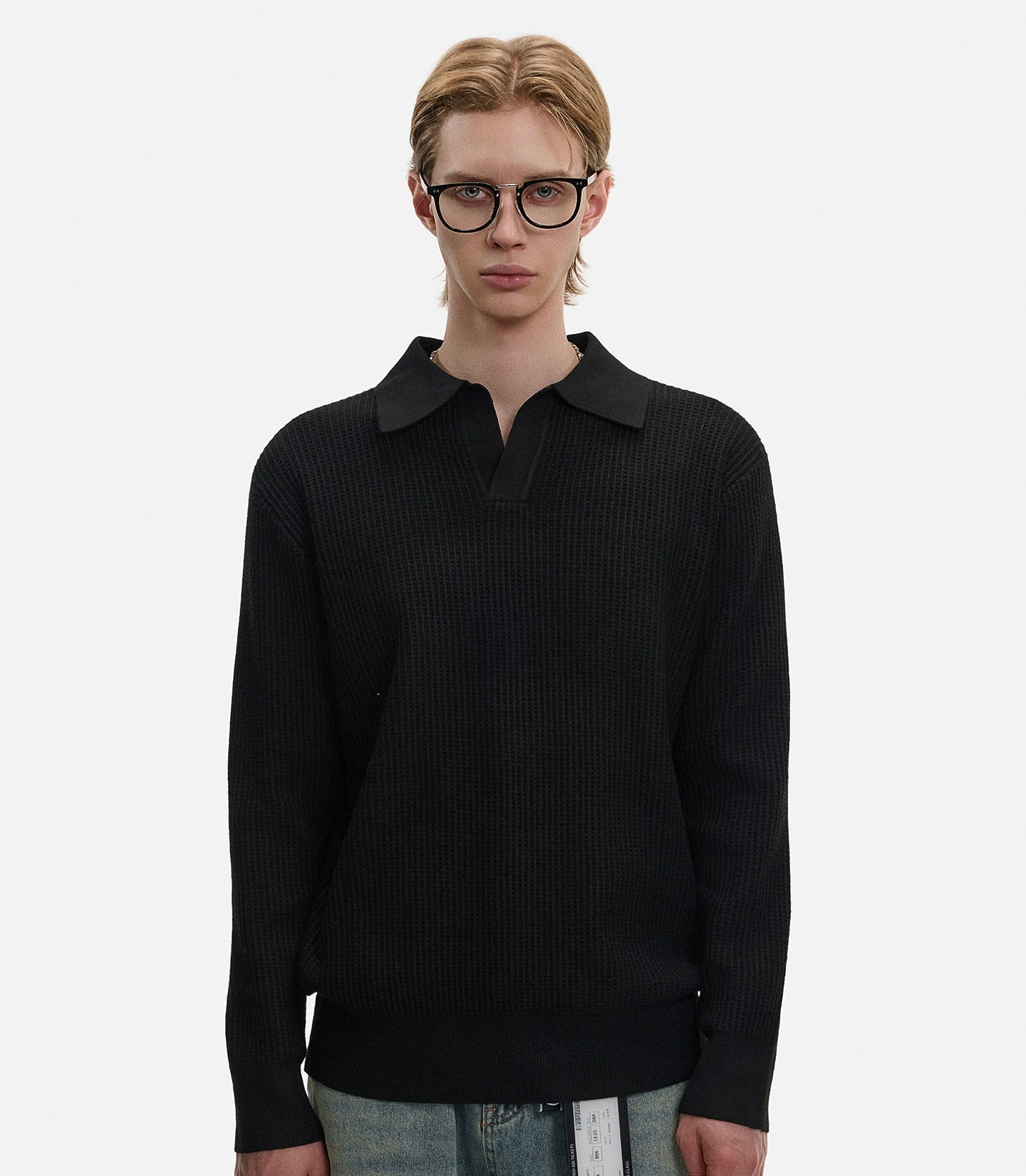 Hollow Texture Polo-Collar Knit Sweater WN21194