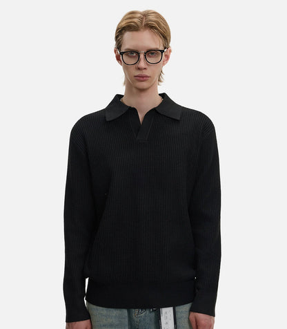 Hollow Texture Polo-Collar Knit Sweater WN21194