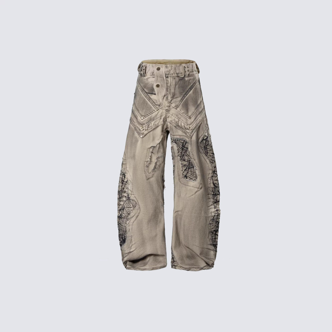 Washed Gradient Metal Stud Curved Wide Leg Denim Jeans WN27875