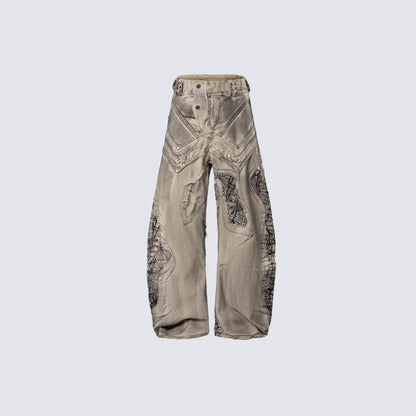 Washed Gradient Metal Stud Curved Wide Leg Denim Jeans WN27875