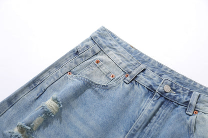 Wash Damage Straight Wide Leg Denim Jeans WN25646