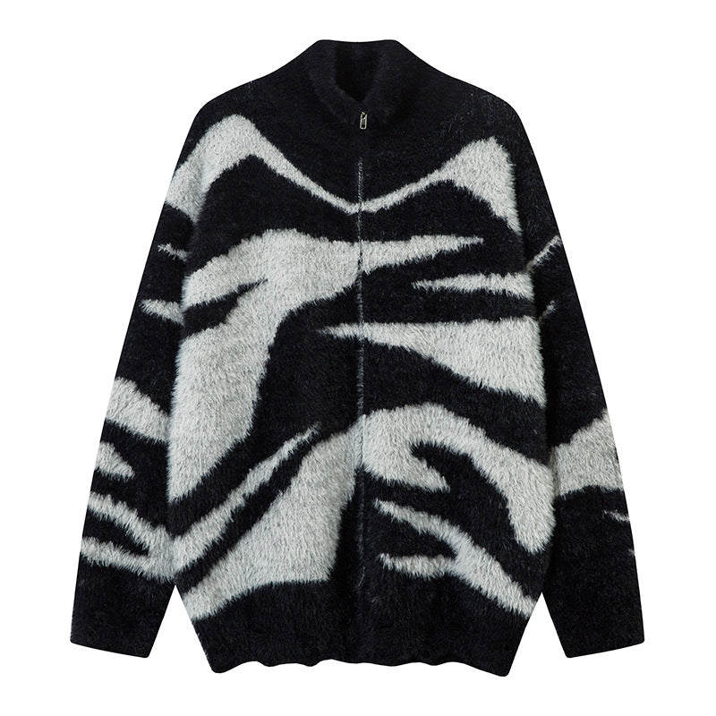 Zebra Print Oversize Zipper Knit Cardigan WN11176