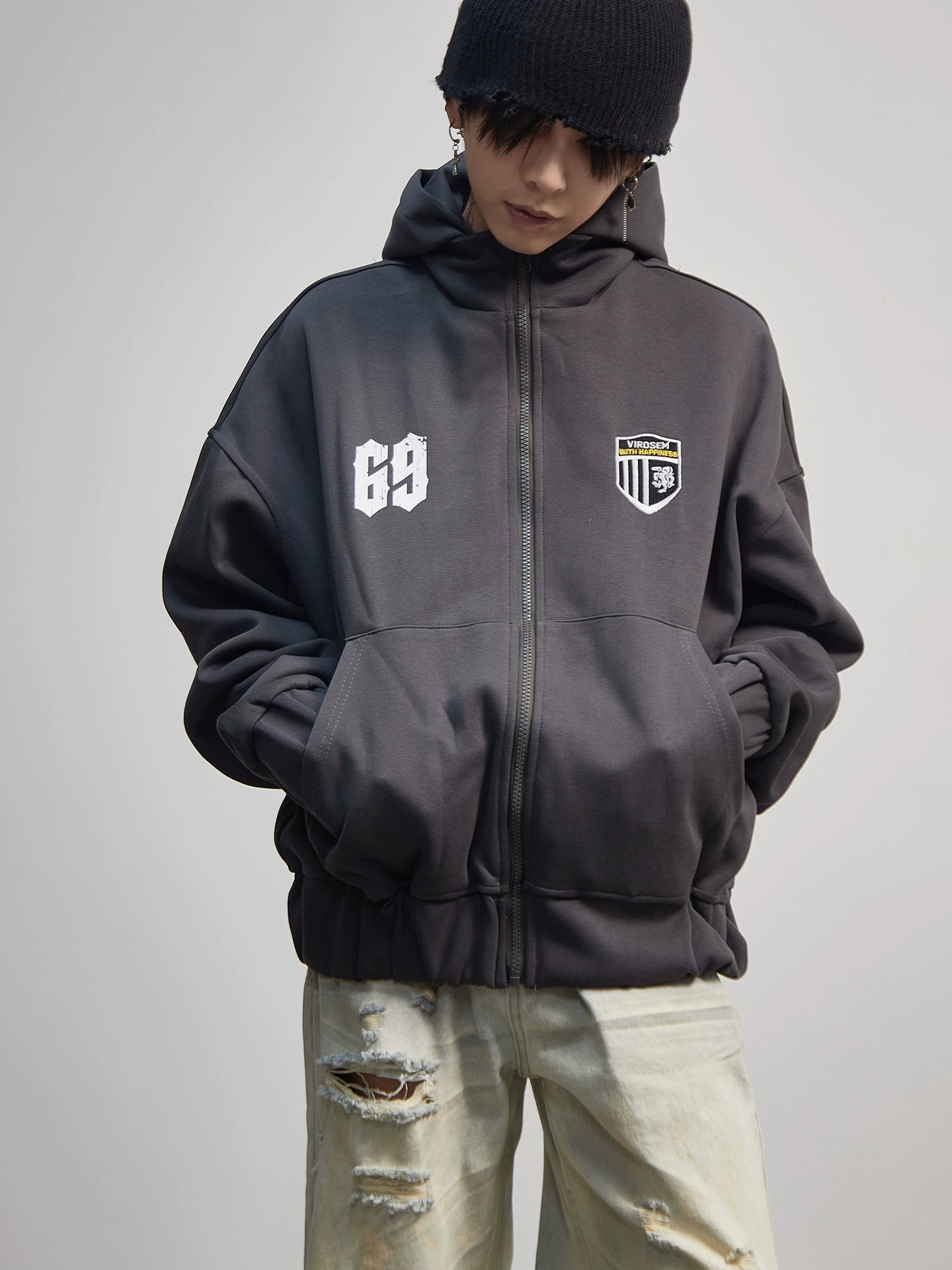 Letter Embroidery Print Zipper Hoodie WN21176