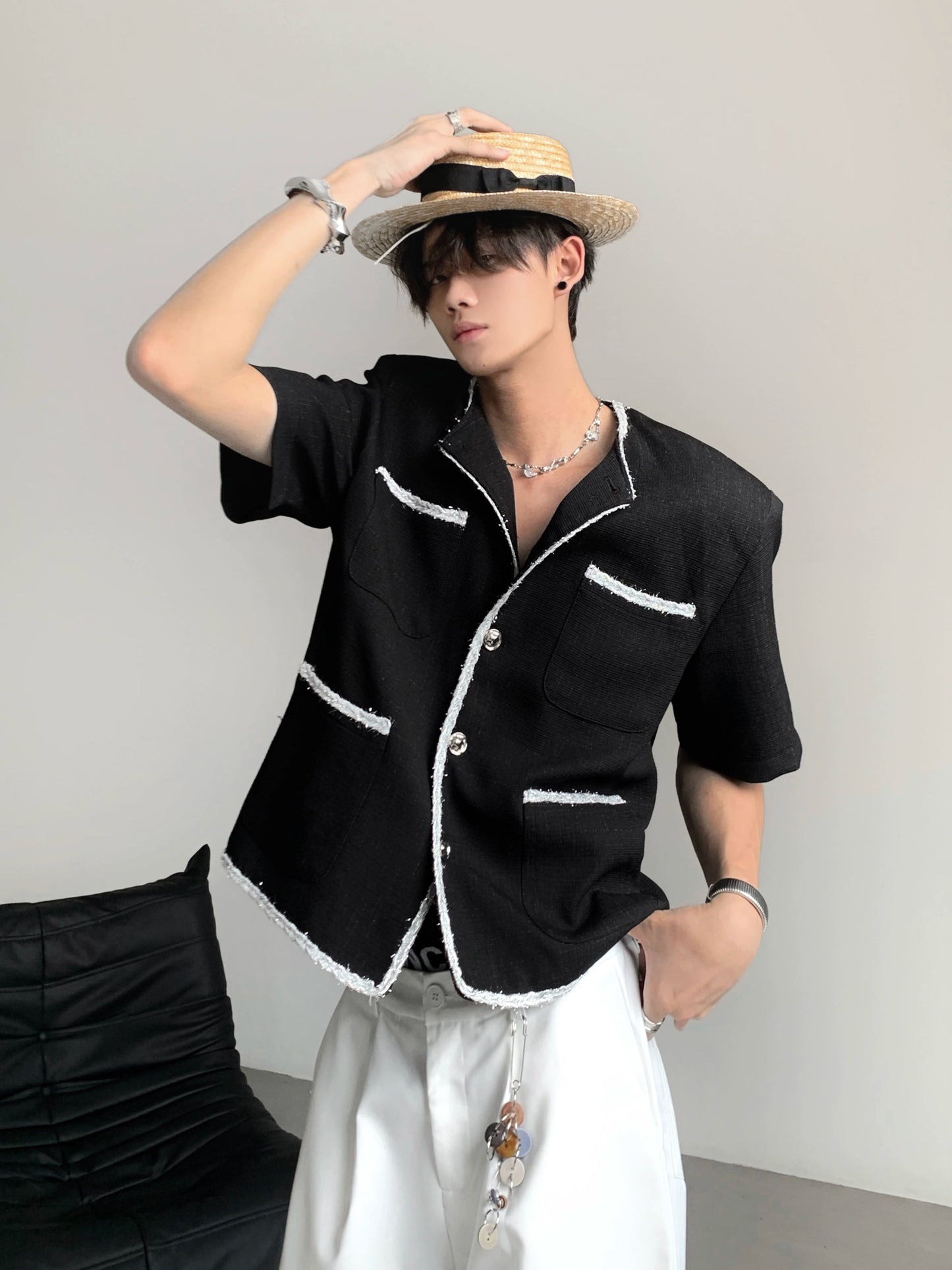 Tweed Design Shoulder-Pad Short Sleeve Jacket WN20081