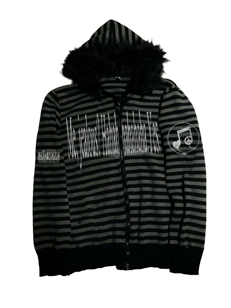 Stripe Fake Fur Collar Knit Zipper Hoodie WN20901