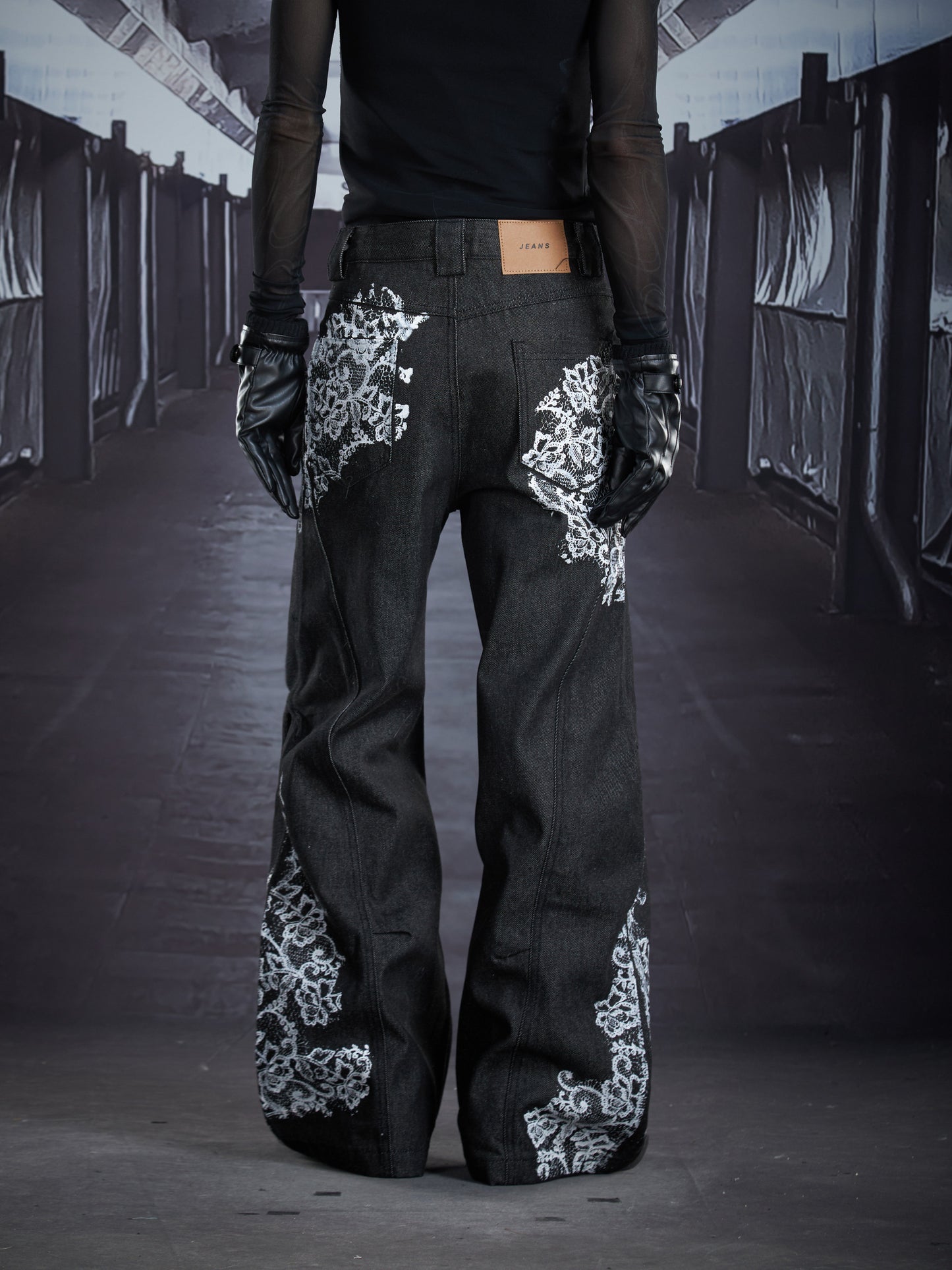 Irregular Print Flare Denim Jeans WN22891