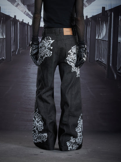 Irregular Print Flare Denim Jeans WN22891