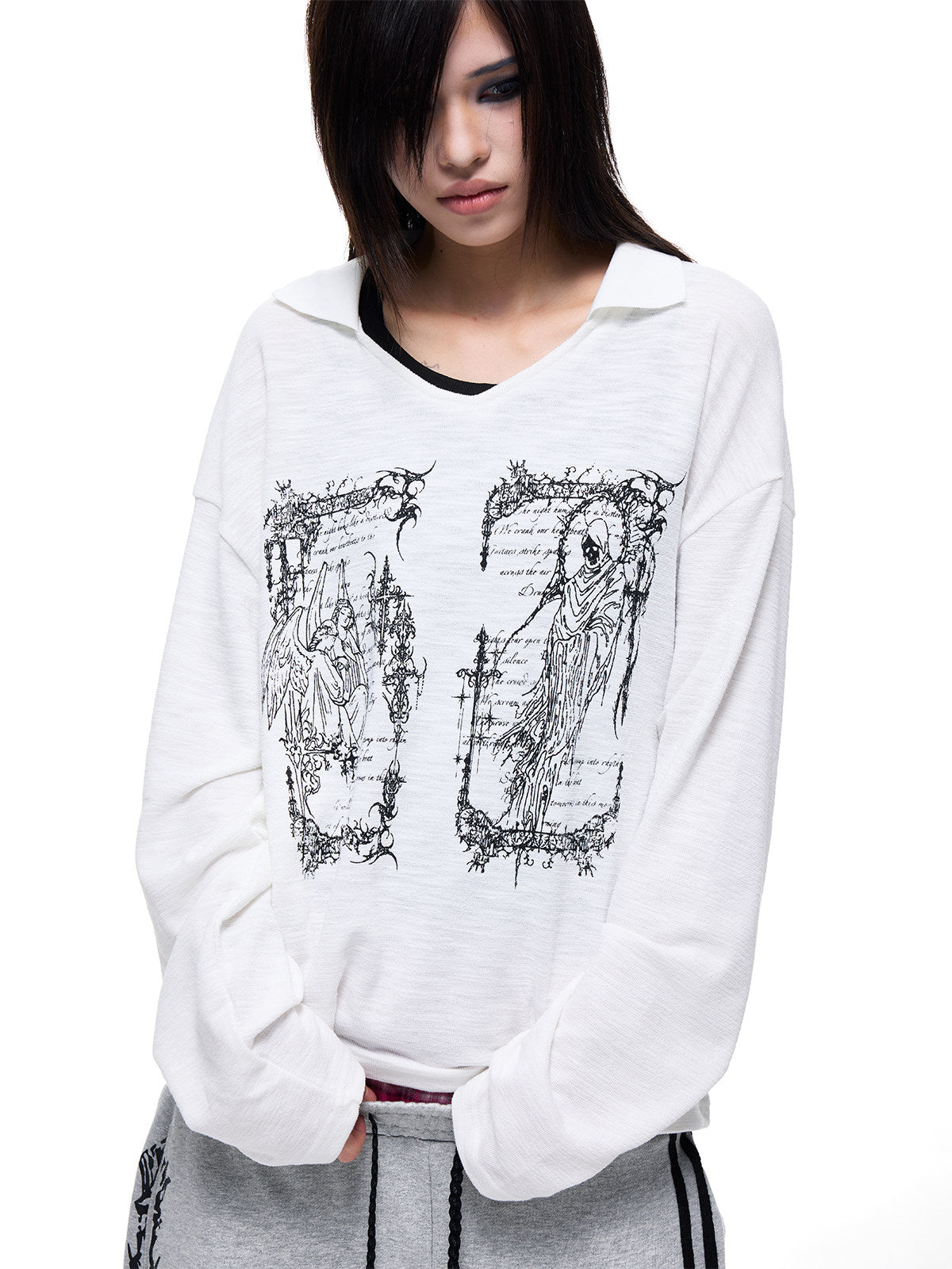 Reaper Angel Rune Print Polo-Collar Long Sleeve T-Shirt WN27326