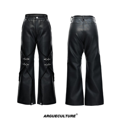 Wax Coating Panel Metal Buckle Straight PU Leather Pants WN23324