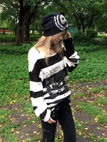 Graphic Letter Print Stripe Knit Sweater WN20897