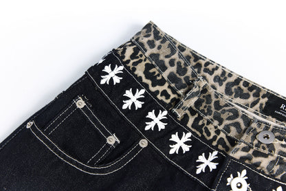 Color Block Embroidery Wide Leg Curved Denim Jeans WN25864