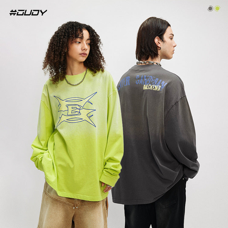 Washed Cracked Print Gradient Long Sleeve T-Shirt WN12527