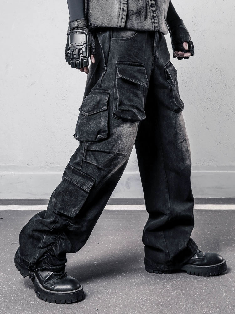 Damage Wash Multi-Pocket Wide Leg Denim Jeans WN22427