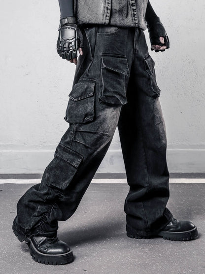 Damage Wash Multi-Pocket Wide Leg Denim Jeans WN22427