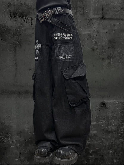 Patch Logo Cargo Wide Leg Denim Jeans & Skull Belt & Belt Chain WN23800