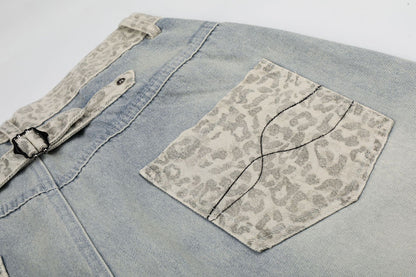 Leopard Print Curved Wide Leg Denim Jeans WN25702