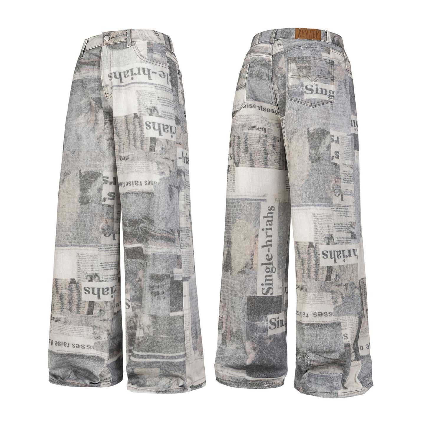 Newspaper Print Wide-Leg Denim Jeans WN12680