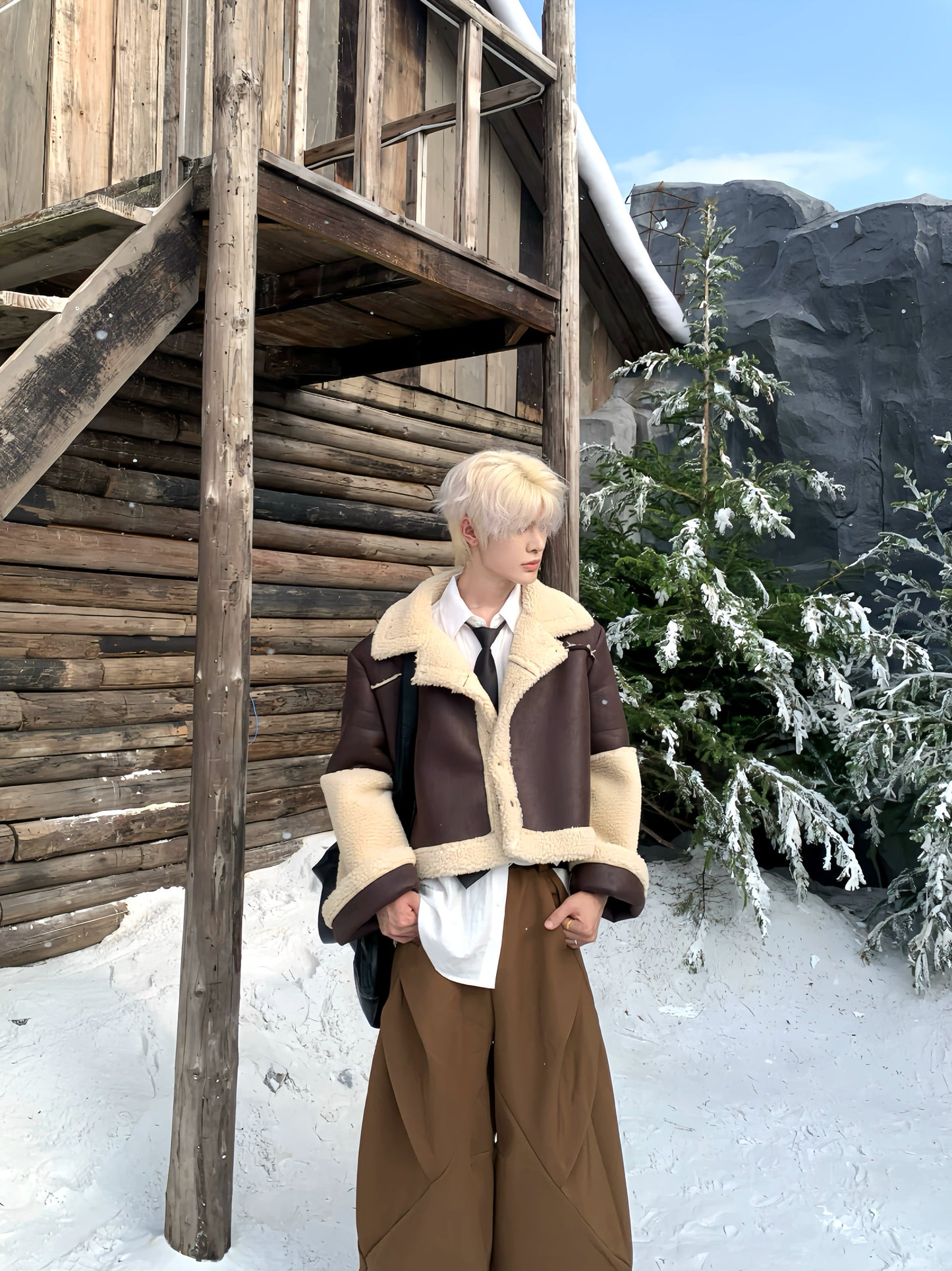 Fake Shearling Design PU Leather Jacket WN19787