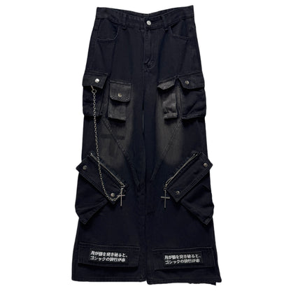 Chain Strap Pocket Letter Print Cargo Denim Jeans & Skull Belt & Belt Chain WN23783