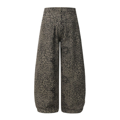 Leopard Print Curved Straight Wide Leg Denim Jeans WN25675