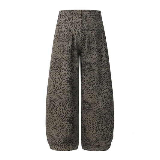 Leopard Print Curved Straight Wide Leg Denim Jeans WN25675