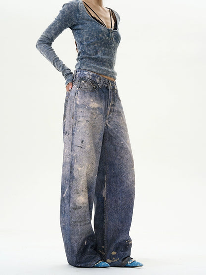 Damage Wide-Leg Straight Denim Jeans WN9477