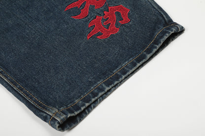 Washed Tribal Print Wide Leg Denim Jeans WN25507