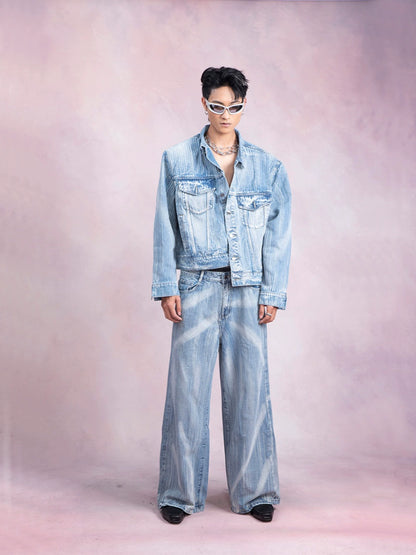 Washed Denim Jacket & Wide-Leg Straight Denim Jeans Setup WN9249