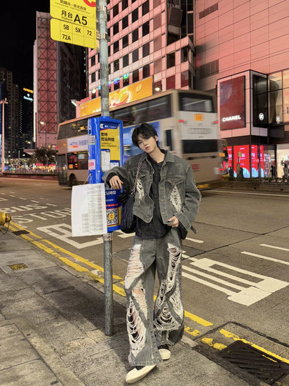 Damage Wash Heavyweight Denim Jacket & Wide Leg Denim Jeans Setup WN20734