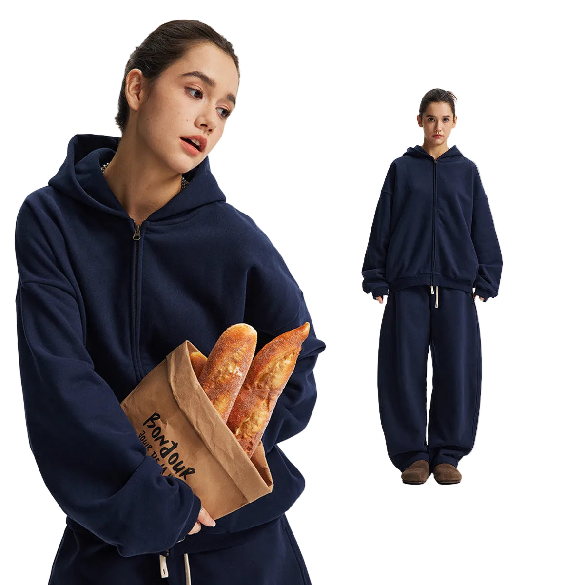 Fleece Lining Side Pocket Zipper Hoodie & Fleece Lining Wide Leg Sweatpants Setup WN23114
