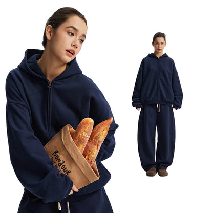 Fleece Lining Side Pocket Zipper Hoodie & Fleece Lining Wide Leg Sweatpants Setup WN23114