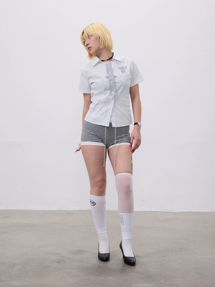 Lace Dagger Patchwork Print Short Sleeve Shirt WN19100