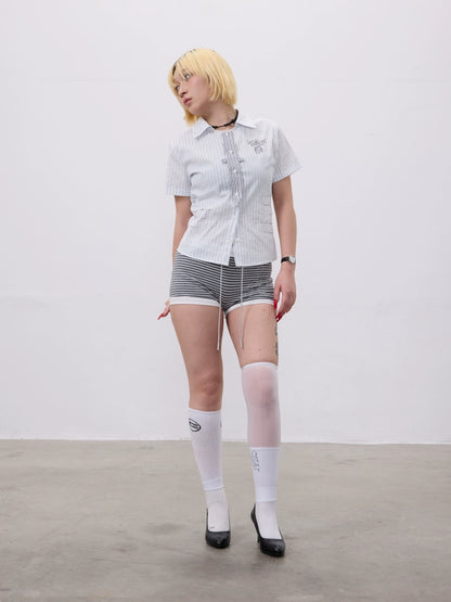 Lace Dagger Patchwork Print Short Sleeve Shirt WN19100