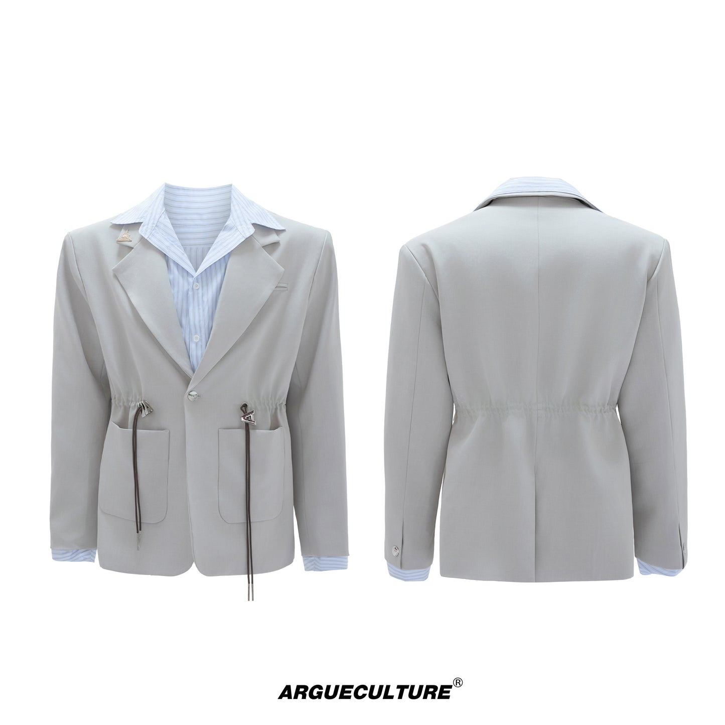 Stripe Shirt Fake Layered Drawstring Waist Shoulder-Pad Tailored Jacket & Trousers Setup WN21731