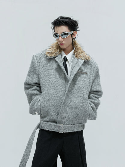 Detachable Fake Fur Collar Textured Thick Wool Short Jacket WN21734